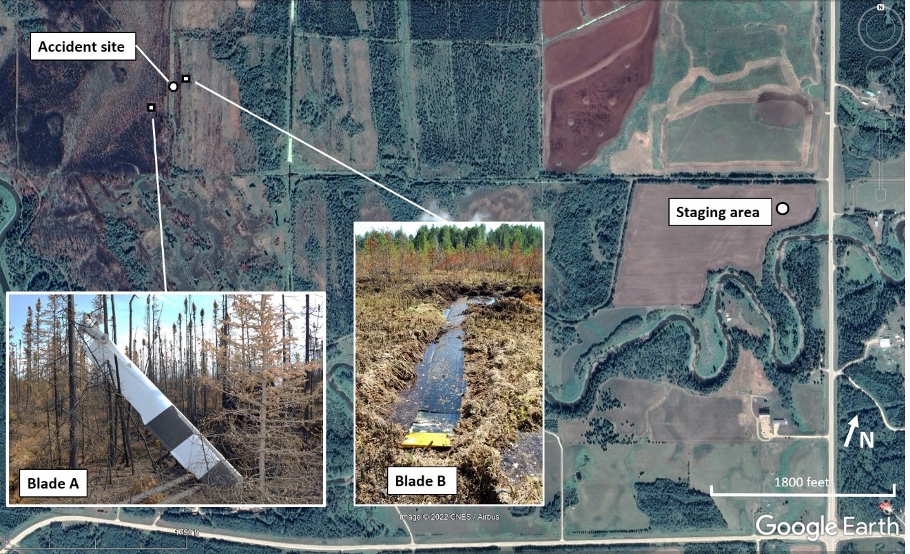 Map showing the location of the staging area and accident site, with inset photos of the 2 main rotor blades (Blade A and Blade B) (Source: Google Earth, with TSB annotations)