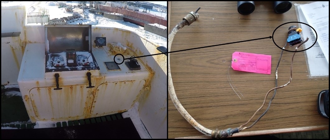 Button on starboard bridge wing console (left); button assembly and broken wire (right) (Source: TSB)