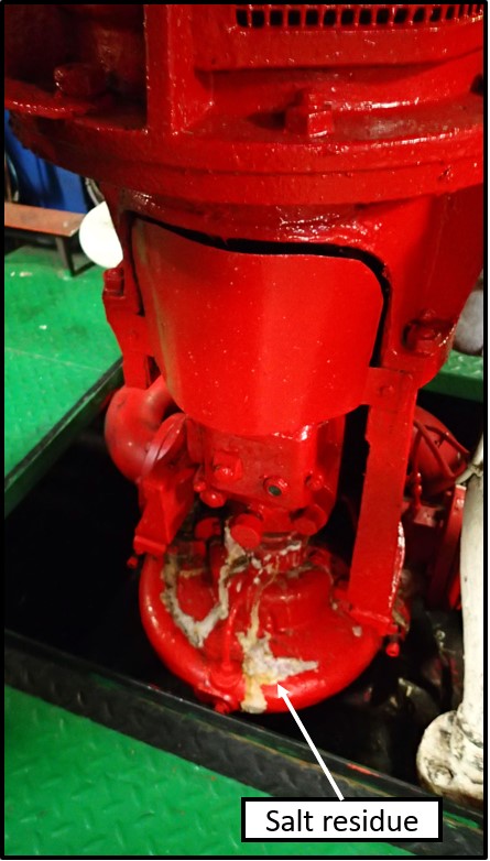 Salt residue from a leaking gland on the emergency fire pump (Source: TSB)