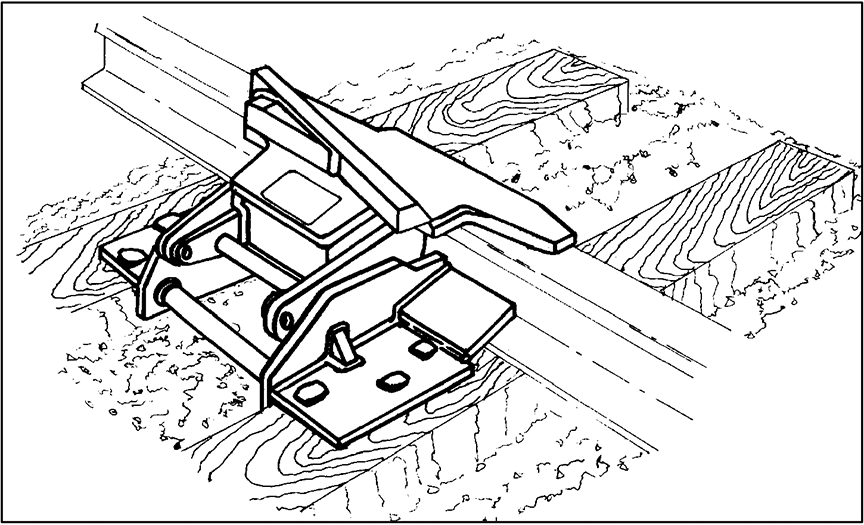 Example of a hinged derail mounted between the rails in the derailing position