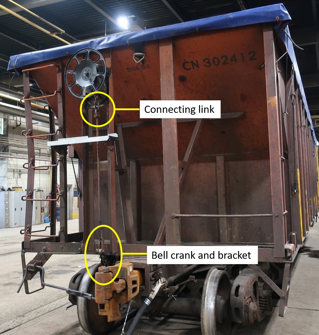 CN 302412 with hand brake applied and bell-crank bracket cut to simulate a broken condition (Source: TSB)