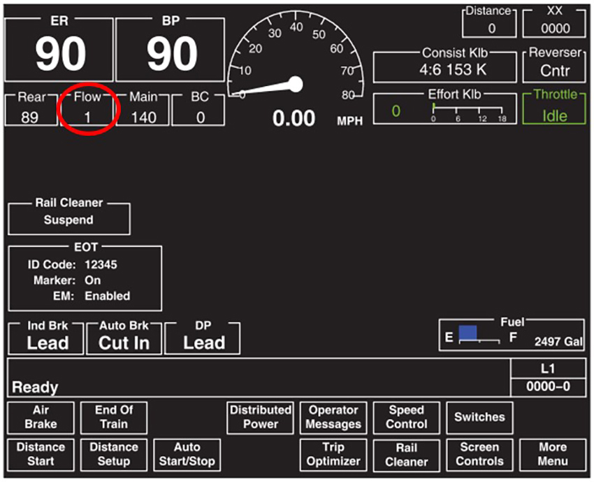 Operator display screen in the locomotive cab, with red circle indicating airflow box (Source: GE Transportation, with TSB annotation)