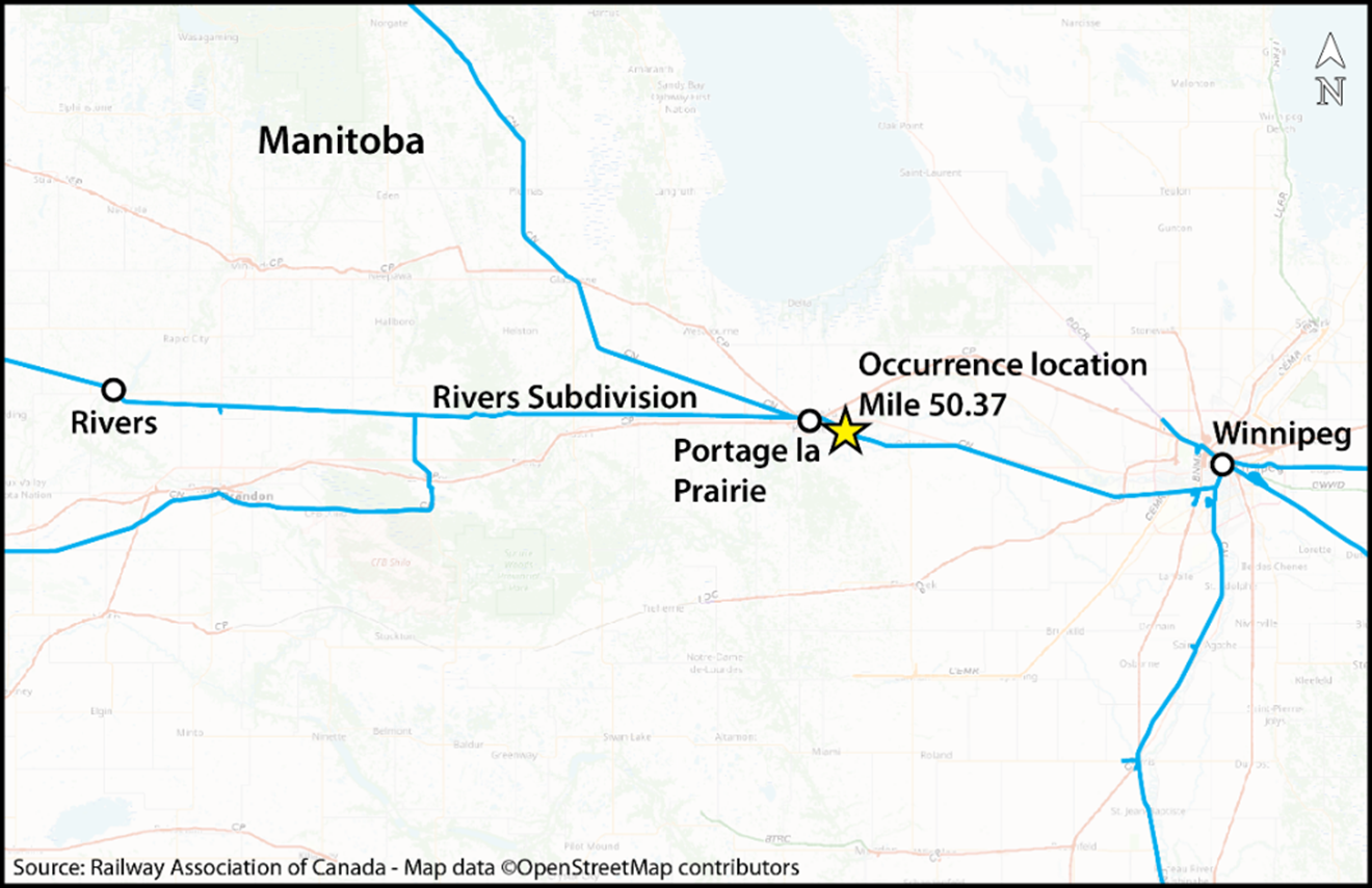 Occurrence location (Source: Railway Association of Canada, Canadian Rail Atlas, with TSB annotations) 