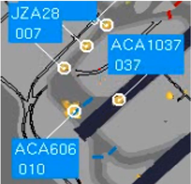 Grossissement de la capture d’écran prise à 9 h 48 min 27 s, qui montre les étiquettes de suivi d’un de Havilland DHC-8 (JZA28) qui se déplace à 7 nœuds (007), du Boeing 777 (ACA606) qui se déplace à 10 nœuds (010), et de l’Embraer 190 (ACA1037) qui se déplace à 37 nœuds (037) (Source : NAV CANADA)