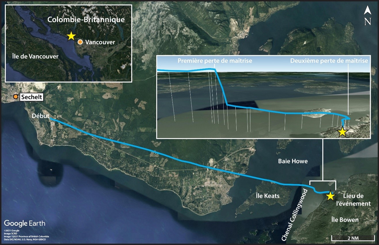 La trajectoire de vol de l’hélicoptère à l’étude, dérivée de son appareil GPS (Source : Google Earth, avec annotations du BST)