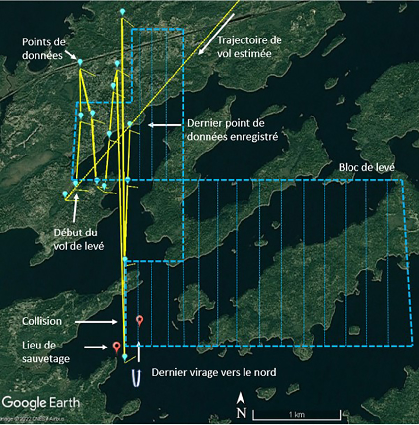 Points de données enregistrés et trajectoire de vol estimée* (Source : données de Google Earth et de Spidertracks, avec annotations du BST)