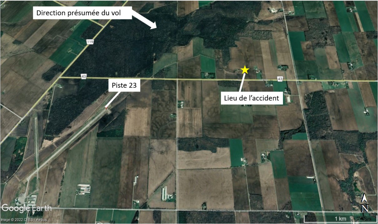 Carte montrant le lieu de l’accident par rapport à la destination prévue (piste 23) et la direction présumée du vol (étape de base droite vers la piste 23) (Source : Google Earth, avec annotations du BST)