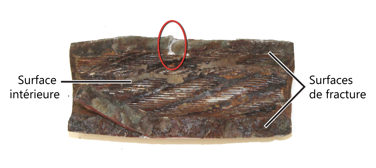 Surface intérieure et surfaces de fracture du manchon de sertissage tribord arrière brisé, ainsi qu’une petite zone de fracture fraîche (encerclée) (Source : BST)