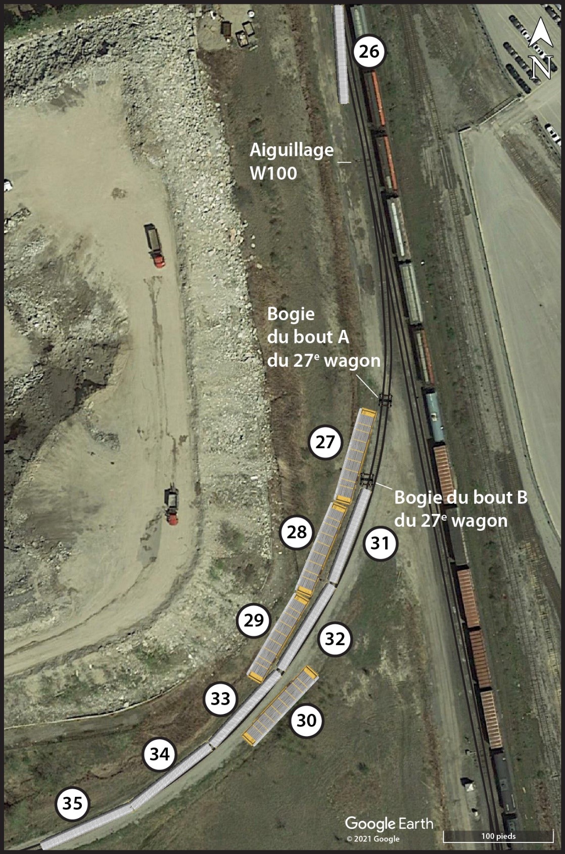 Emplacement des wagons ayant déraillé (Source : Google Earth, avec annotations du BST)