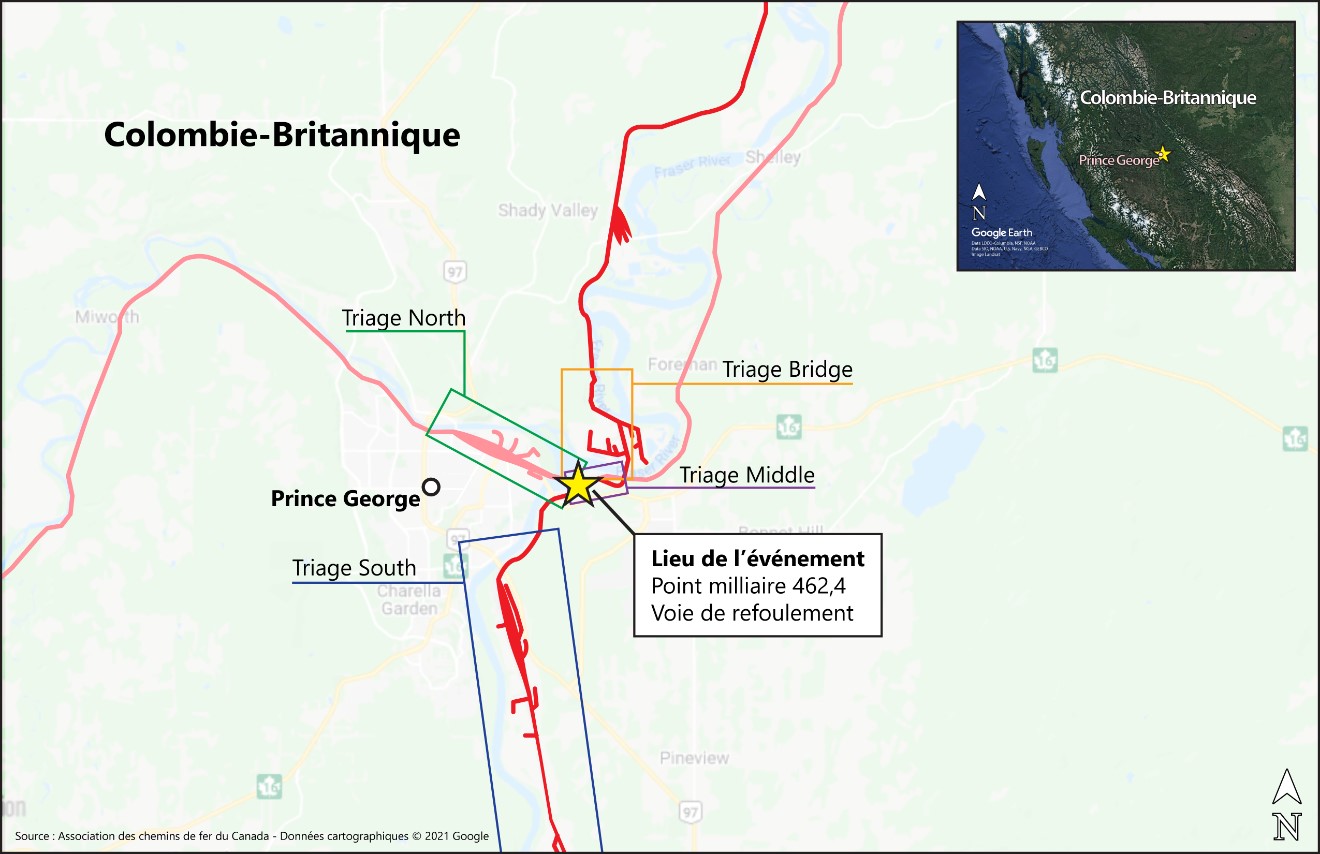 Carte indiquant le lieu de l’événement; la carte en médaillon indique l’emplacement de Prince George (Colombie-Britannique) (Source de l’image principale : Association des chemins de fer du Canada, Atlas du rail canadien, avec annotations du BST; source de l’image en médaillon : Google Earth, avec annotations du BST)