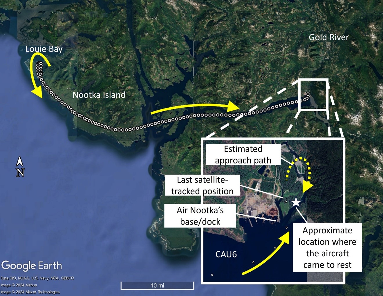 Figure 1. Recorded and estimated flight track of the occurrence aircraft (Source: Google Earth and Spidertracks data, with TSB annotations)