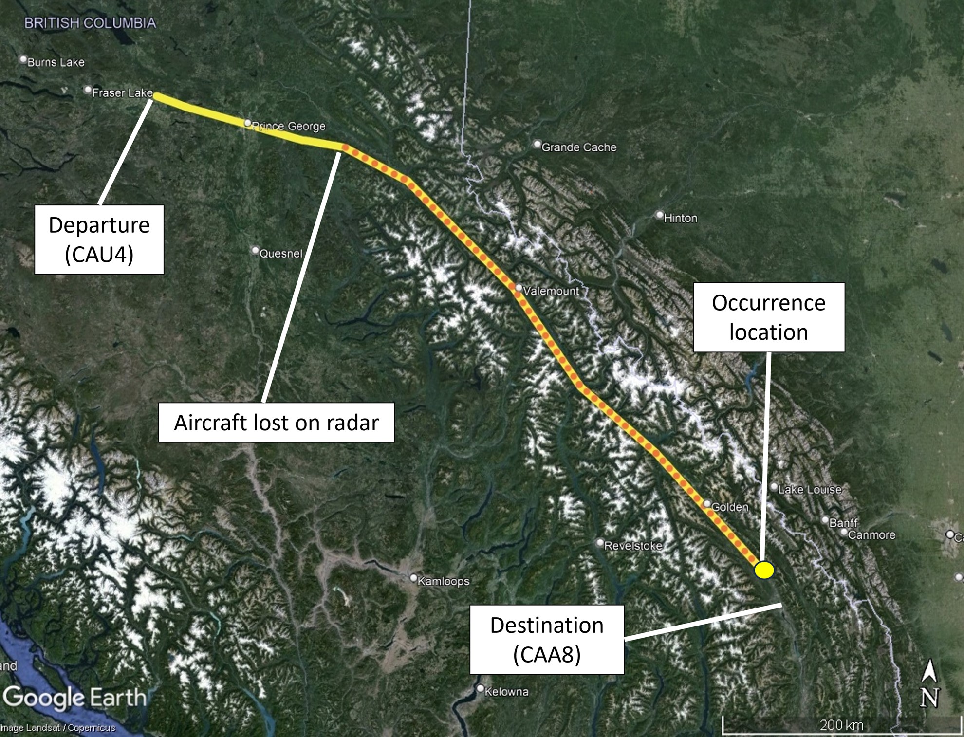 Figure 1. Known and presumed portions of the occurrence flight (known track [solid line] based on radar information; presumed track [dotted line] based on the pilot’s flight itinerary) (Source: Google Earth, with TSB annotations)