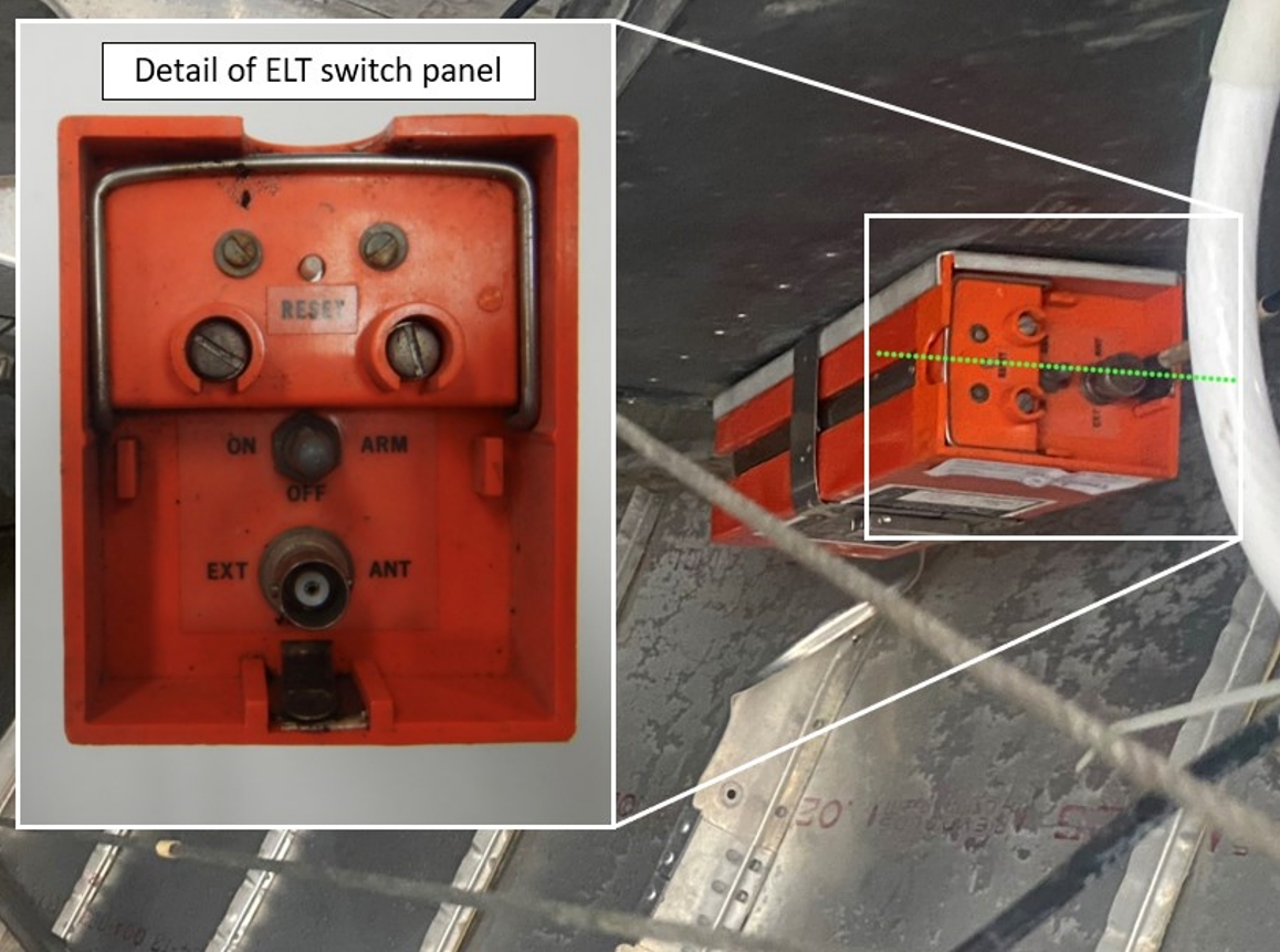 Figure 6. Occurrence aircraft’s emergency locator transmitter as found by search and rescue personnel, with dotted line showing the switch aligned with the antenna attachment and reset button, and with detail of the transmitter switch in inset (Source of main image: Third party, with permission. Source of the inset image: TSB)