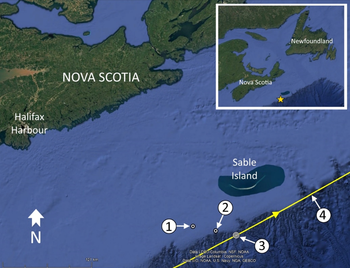 Figure 1. Location of the Theros’s last AIS signal (1), the Theros’s last known position (2), possible collision location with the tanker (3), and the tanker’s AIS track (4), with inset image showing a larger view of the area (Source: Google Earth, with TSB annotations)