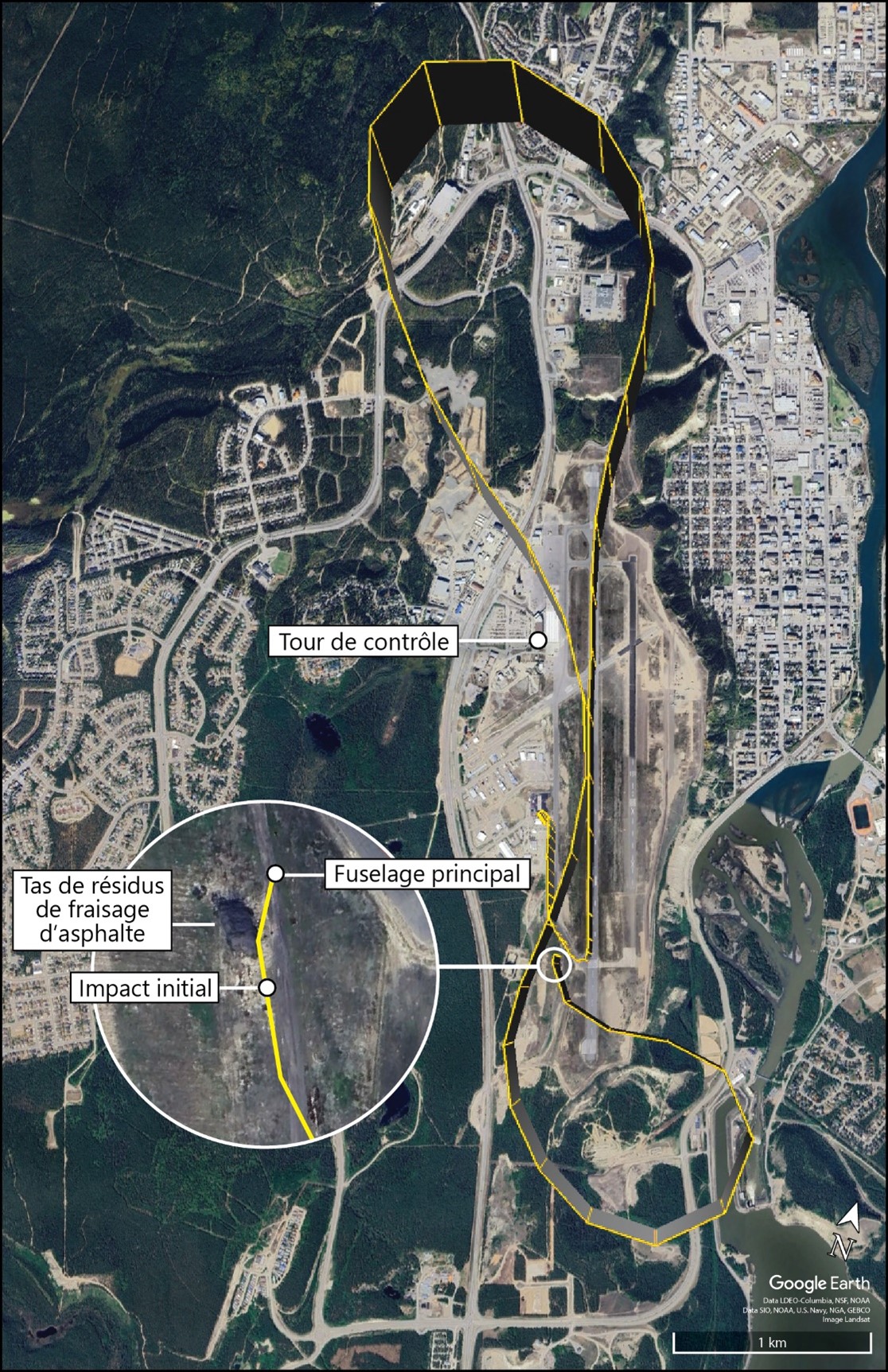 Figure 1. Carte montrant la trajectoire de vol de l’aéronef à l’étude, avec un gros plan du lieu de l’impact et l’emplacement final du fuselage principal en médaillon (Source de l’image principale et de l’image en médaillon : Google Earth, avec annotations du BST) Figure 1. Carte montrant la trajectoire de vol de l’aéronef à l’étude, avec un gros plan du lieu de l’impact et l’emplacement final du fuselage principal en médaillon (Source de l’image principale et de l’image en médaillon : Google Earth, avec annotations du BST)