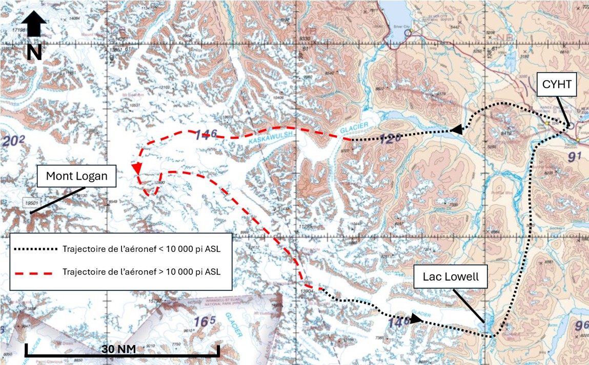 Figure 1. Trajectoire de vol de l’aéronef à l’étude d’après les données du système de positionnement mondial Garmin à bord (Source : NAV CANADA, avec annotations du BST) Figure 1. Trajectoire de vol de l’aéronef à l’étude d’après les données du système de positionnement mondial Garmin à bord (Source : NAV CANADA, avec annotations du BST)