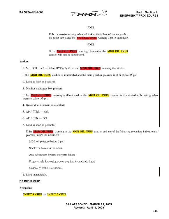 Images des procédures applicables en cas de mauvais fonctionnement de la BTP du S-92A (tirées du RFM )