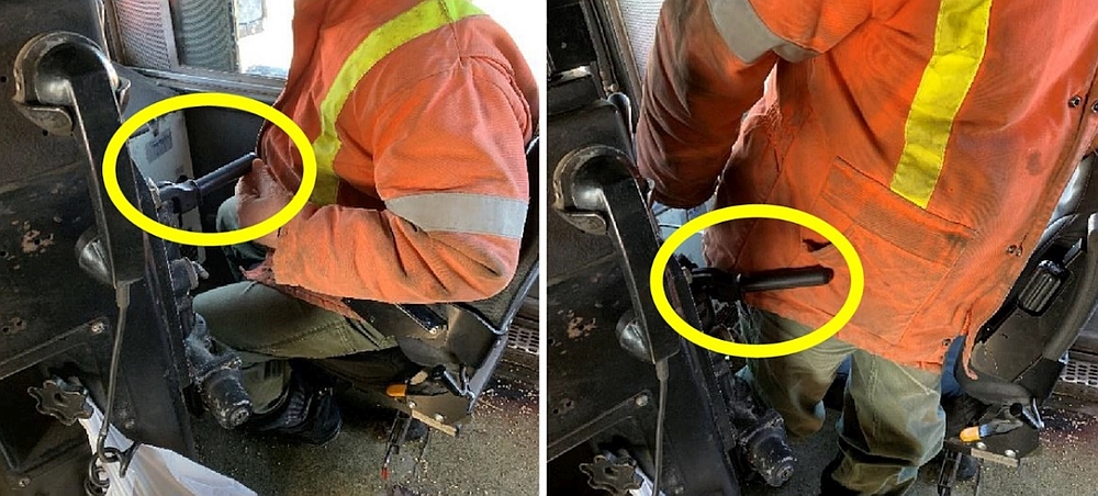 Photos d’une reconstitution de GEXR montrant le mouvement du mécanicien de locomotive dans la cabine. Sur la photo de gauche, on peut voir que le frein à air est serré, et sur celle de droite, on constate qu’il est desserré. (Source : Goderich Exeter Railway)