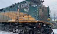 Figure 1. Locomotive from the VIA Rail Canada Inc. passenger train following the derailment near Saint-Alexandre-de-Kamouraska, Quebec (Source: VIA Rail Canada Inc.)